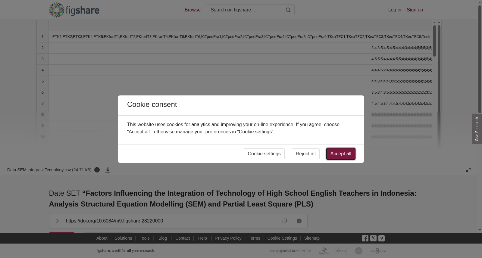 Date SET <b>“Factors Influencing the Integration of Technology of High School English Teachers in Indonesia: Analysis Structural Equation Modelling (SEM) and Partial Least Square (PLS)</b> 数据集图片